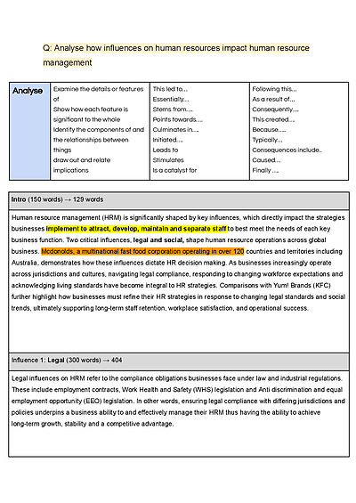 Cover page of 19/20 HSC Business Studies Human Resources Essay