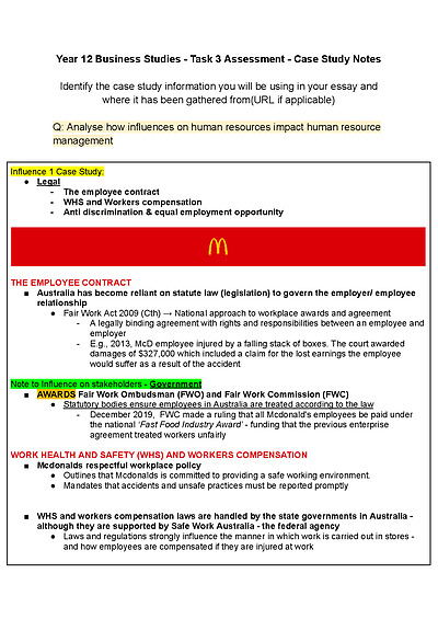 Cover page of Business Studies Influences on Human Resources Management Case Studies