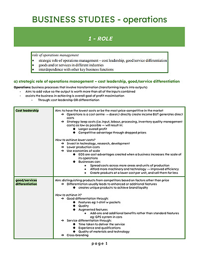 Cover page of BAND 6 BUSINESS STUDIES OPERATIONS NOTES HSC YEAR 12