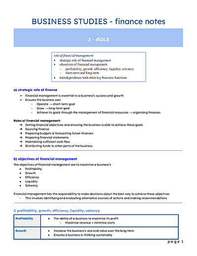 Cover page of BAND 6 BUSINESS STUDIES FINANCE NOTES HSC YEAR 12