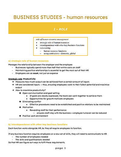 Cover page of BAND 6 BUSINESS STUDIES HUMAN RESOURCE (HR) NOTES HSC YEAR 12