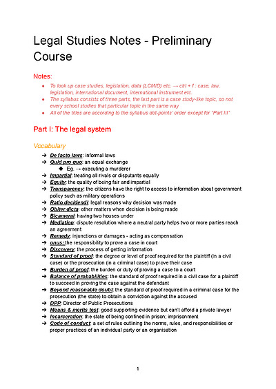 Cover page of B6 LEGAL STUDIES YEAR 11 COMPLETE NOTES HSC PRELIMINARY COURSE