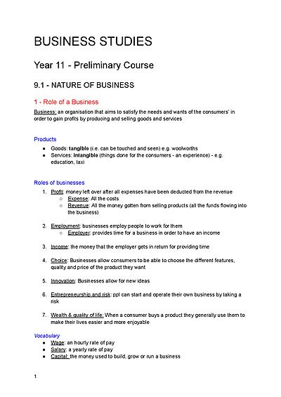 Cover page of B6 BUSINESS STUDIES YEAR 11 COMPLETE NOTES HSC PRELIMINARY COURSE