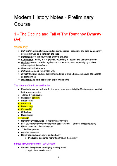 Cover page of B6 MODERN HISTORY NOTES Year 11 HSC PRELIMINARY COURSE