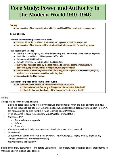 Cover page of BAND 6 MODERN HISTORY COMPREHENSIVE POWER AND AUTHORITY CORE NOTES HSC YEAR 12