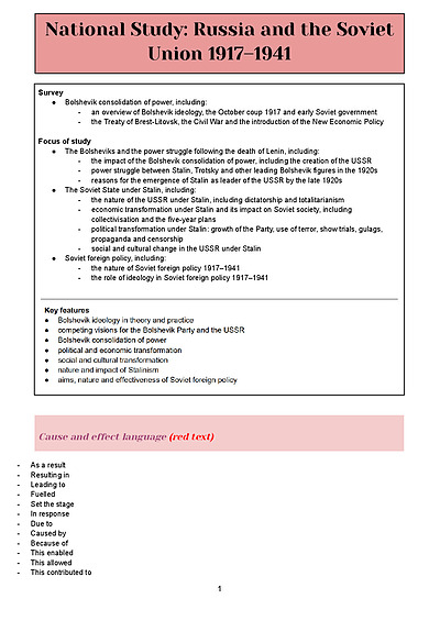 Cover page of BAND 6 MODERN HISTORY COMPREHENSIVE NATIONAL STUDY: RUSSIA AND THE SOVIET UNION NOTES HSC YEAR 12