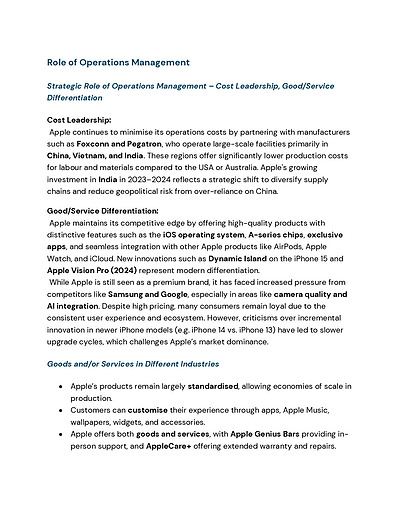 Cover page of Apple Case Study Notes for Whole Syllabus of Operations, Marketing and Finance- BAND 6 96 OVERALL Student, 1st in Cohort,