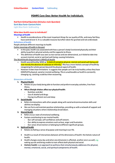 Cover page of PDH Year 11 Notes (From a BAND 6 Student, Easy to understand, HIGH QUALITY, Well organised and colour co-ordinated)