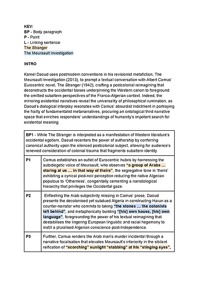 Cover page of The Stranger + The Meursault Investigation Essay Plan - 99/100 TRIAL MARK (2025)