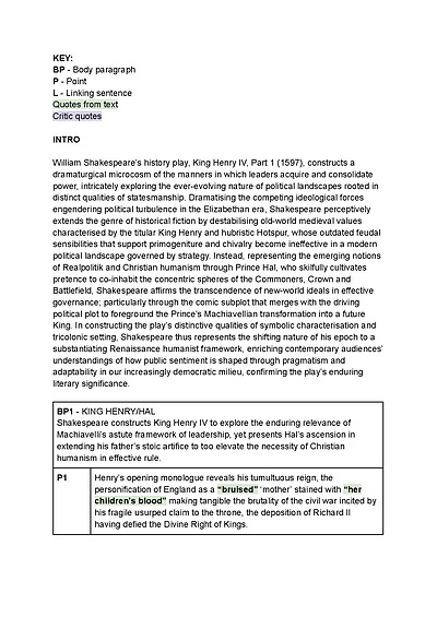 Cover page of King Henry IV, Part I Essay Plan - 99/100 TRIAL MARK (2025)