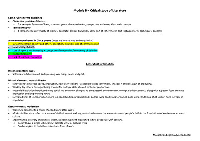 Cover page of Band 6 Notes Module B (T.S Eliot poetry) 99.90 ATAR