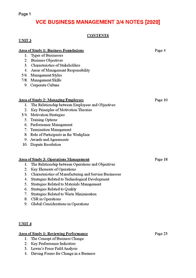 Cover page of 48 Study Score VCE Business Management 3/4 Notes (2020)