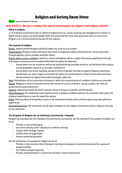 Cover page of Religion & Society Unit 3 and 4 Notes 