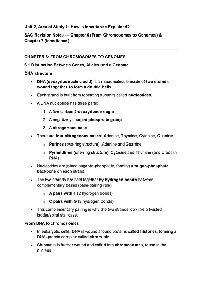 Cover page of Biology U2 AOS 1 Nelson Textbook Based Notes Chapter 6 + 7