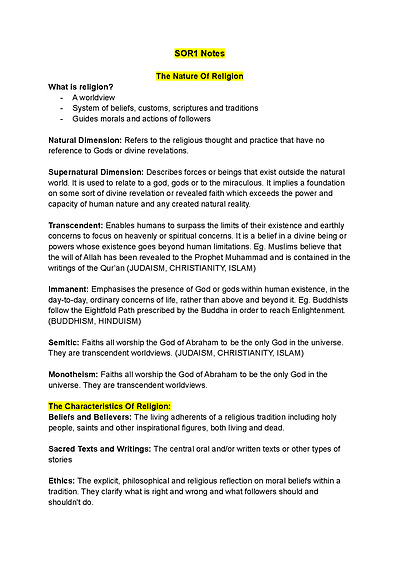 Cover page of Studies Of Religion SOR HSC Preliminary Study Notes - The Nature Of Religion