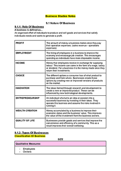 Cover page of Business Studies HSC Preliminary Notes - 9.1 Nature of Business