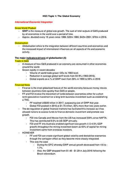 Cover page of HSC ECONOMICS - The Global Economy (Topic 1 - Notes + Essay Scaffolds)