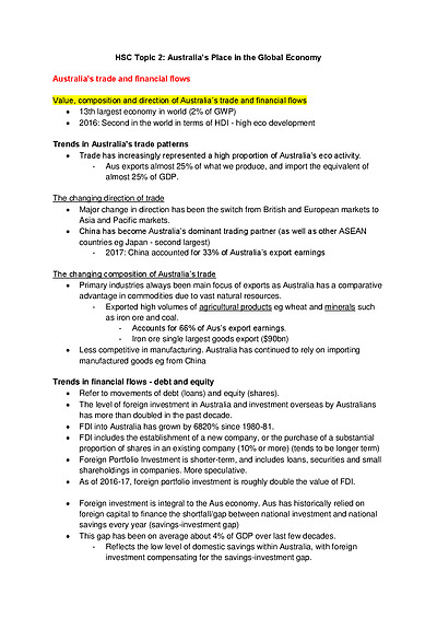 Cover page of HSC ECONOMICS - Australia's Place in the Global Economy (Topic 2 - Notes)