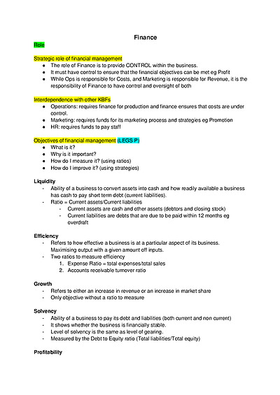 Cover page of HSC Business Studies - Finance Notes