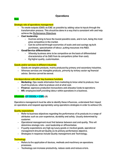 Cover page of HSC Business Studies - Operations Notes