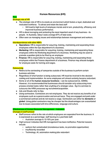 Cover page of HSC Business Studies - Human Resources Notes