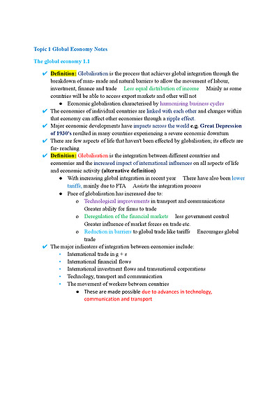 Cover page of Topic 1 Global Economy Notes