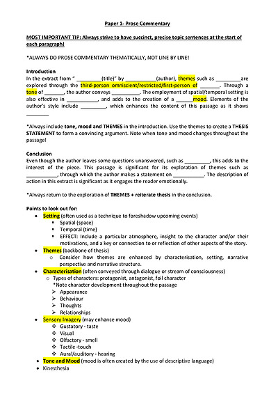 Cover page of IB English A1 Literature Paper 1: Prose Commentary Notes