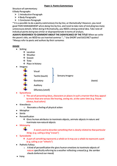 Cover page of IB English A1 Literature Paper 1: Poetry Commentary Notes 