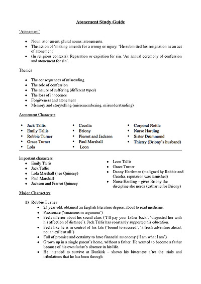 Cover page of Atonement (by Ian McEwan) Study Guide