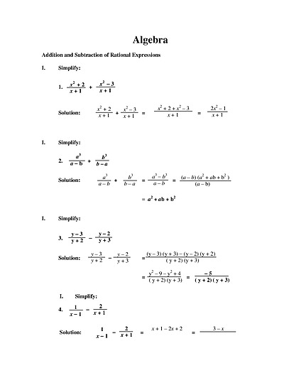 Cover page of Algebra _ Addition and Subtraction of Rational Expressions