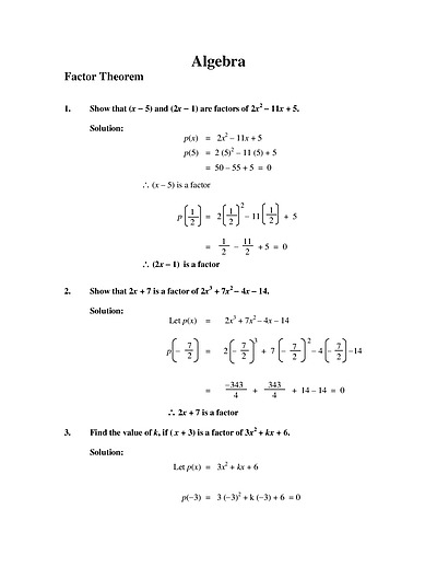 Cover page of Algebra _ Factor Theorem
