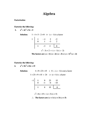 Cover page of Algebra _ Factorisation