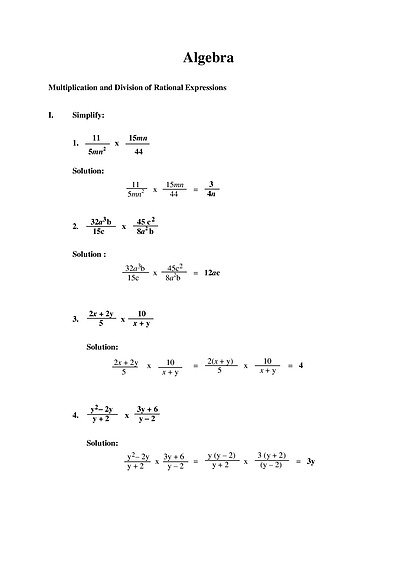 Cover page of Algebra _ Multiplication and Division of Rational Expressions