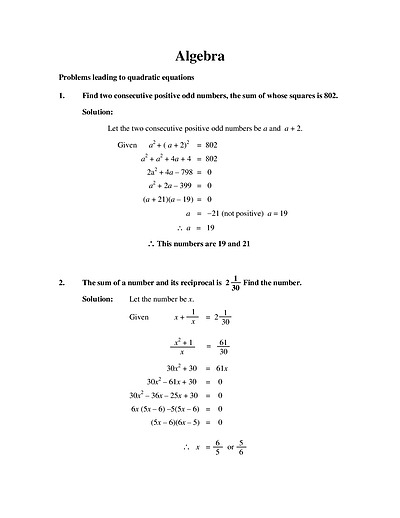 Cover page of Algebra _ Problems leading to quadratic equations