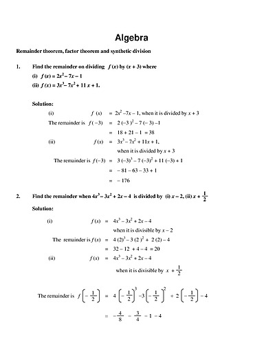 Cover page of Algebra _ Remainder theorem, factor theorem and synthetic division