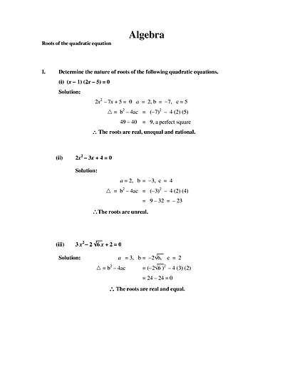 Cover page of Algebra _ Roots of the quadratic equation