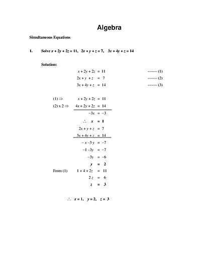 Cover page of Algebra _ Simultaneous Equations