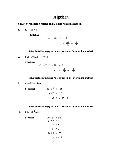 Cover page of Algebra _ Solving Quadratic Equation by Factorisation Method