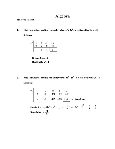 Cover page of Algebra _ Synthetic Division