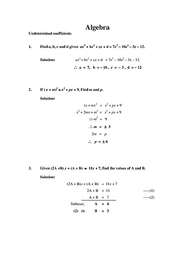 Cover page of Algebra _ Undetermined Coefficients