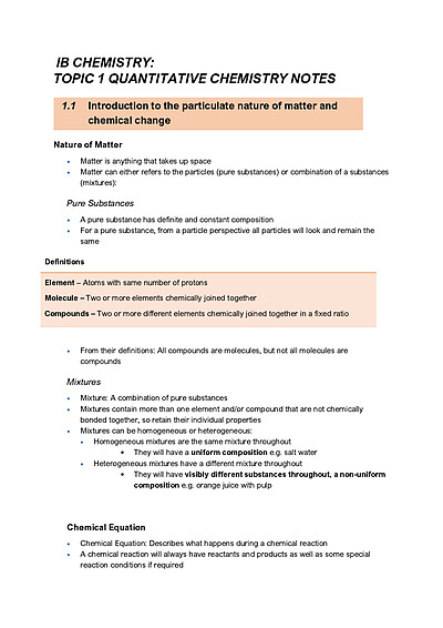 Cover page of IB Chemistry - Comprehensive Topic 1 Moles Notes