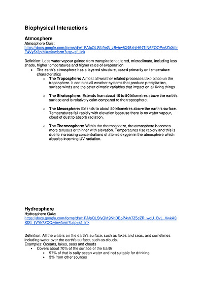 Cover page of 2019 Year 11 Geography Notes Biophysical Interactions