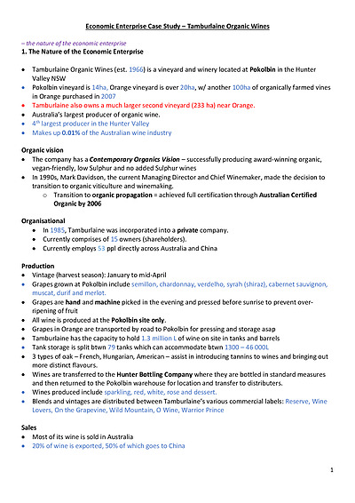 Cover page of HSC Geography Viticulture Tamburlaine Bay Case Study