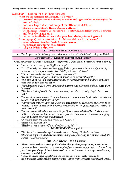 Cover page of History Extension - Elizabeth I & the Elizabethan Age Case Study Notes 