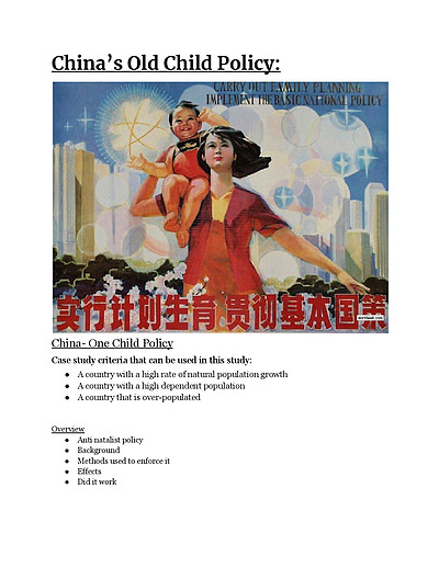 Cover page of Year 11 Geography Case Studies: China's One Child Policy. 