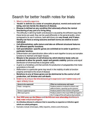 Cover page of BIOLOGY YEAR 12 - SEARCH FOR BETTER HEALTH BAND 6 NOTES! 