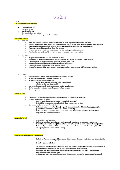 Cover page of Legal Studies civil notes U3 AOS 1