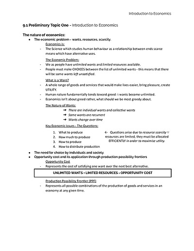 Cover page of Y11 ECONOMICS - Prelimiary Topics 1-5