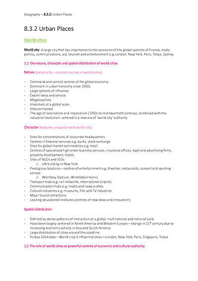 Cover page of BAND 6 Year 12 HSC Geography Notes | Urban Places
