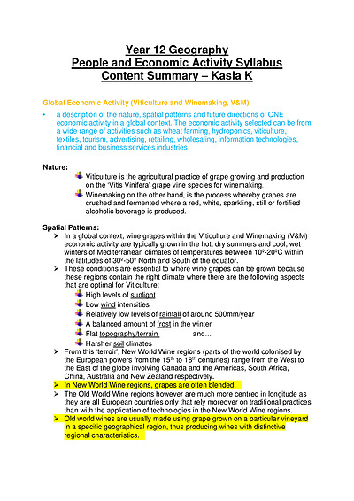 Cover page of Year 12 Geography People and Economic Activity Syllabus Content Summary – Kasia K